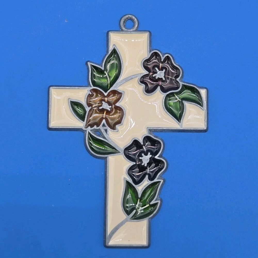 Stained Glass Style Floral Cross Suncatcher Ornament Hanging Décor ~4.25”